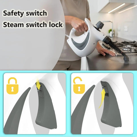 Hella Strong Handheld Steam Cleaner With 12 Nifty Tips For Banishing Stubborn Stains On Auto Upholstery Tile Floors And Fabric Couches In Sharp Deep Gray Body showing safety switch and steam switch lock.