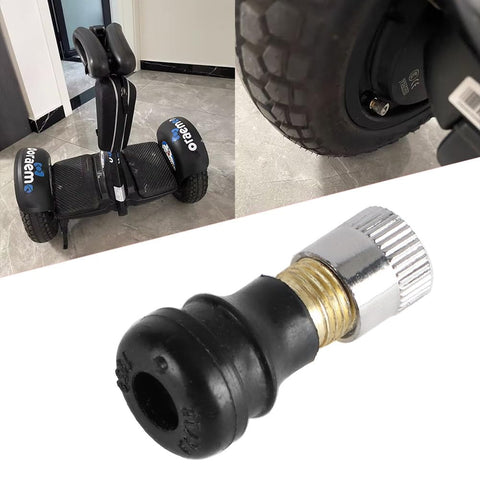 Close-up of tubeless tire valve stem vacuum valve kit for Xiaomi M365 Pro scooter, featuring straight rubber base and metal tip.