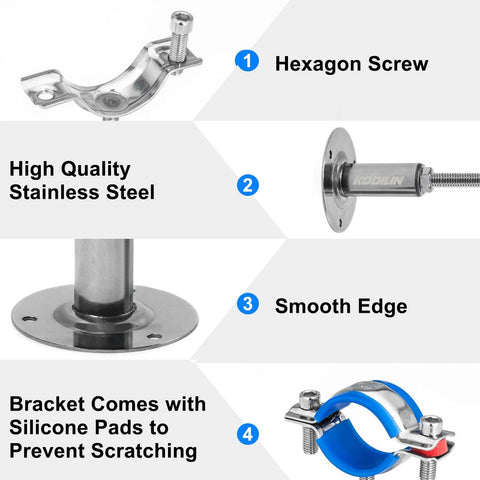 Kodilin 4-piece stainless steel pipe clamp set for 3/4 in pipe with wall/ceiling mounts and silicone pads.