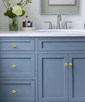 Solid Unlacquered Brass Oval Cabinet Knobs Set Of Ten Vintage Retro Egg Pull Handles For Kitchens Bathrooms And Dressers 1 1 8 Inch on blue bathroom cabinetry.