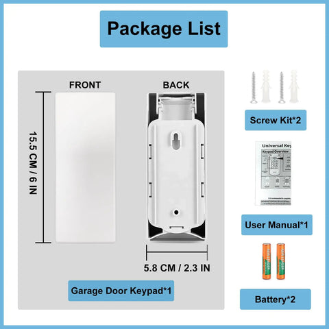 Package contents of Garage Door Opener Keypad Replacement For Intellicode And DIP Switch Openers, Wireless Keyless Entry