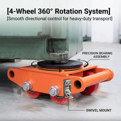 4 Pack Heavy Duty Industrial Machinery Skates Dollies With 6000 Kg Capacity showing swivel mount and precision bearing assembly