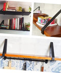Hefty Corner Brace Shelf Brackets 2 Pack Beefy Triangle Wall Mounts For Floating Shelves, black steel brackets supporting wooden shelves.