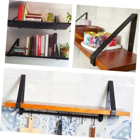 Hefty Corner Brace Shelf Brackets 2 Pack Beefy Triangle Wall Mounts For Floating Shelves, black steel brackets supporting wooden shelves.