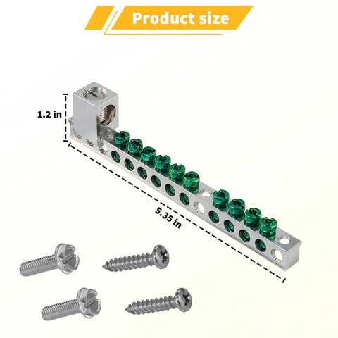 Heavy Duty Ten Terminal Grounding Bar Kit For Eaton Br Ch Load Centers Breaker Box Electrical Panel Upgrades showing size dimensions and screws.