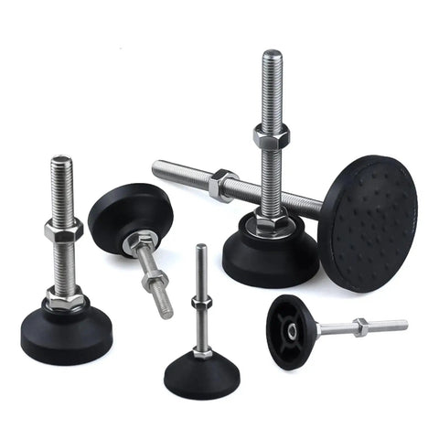 No Sweat Universal Adjustable Leveling Feet 12 Pack Swivel Base M5 M6 Screw Thread with rubber pads for machinery stability.