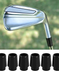 Golf club with 12 Pcs Black Golf Ferrules For 0.355 Inch Tip Irons And Shaft Sleeves Universal Fit Shaft Adapter on green background