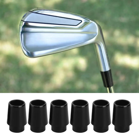 Golf club with 12 Pcs Black Golf Ferrules For 0.355 Inch Tip Irons And Shaft Sleeves Universal Fit Shaft Adapter on green background