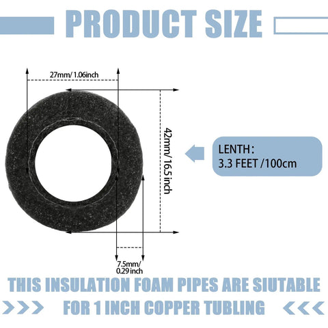 Product size diagram of 36 Pack Foam Pipe Insulation Covers, 3.3 Feet Long Each, 1 Inch Outer Diameter Black Foam Tubing Insulation.