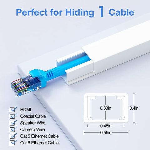 One Cord Cable Concealer Kit For 113 Inch Wall Hider Easy Setup Cable Covers For Two Small Wires White Cable Raceway For Home Office Keeps Cables Neat And Clean Plug And Play Setup And No Mess showing dimensions and cable compatibility