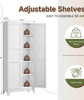 Badass Heavy Duty Metal Storage Cabinet With Two Doors And Four Expansive Shelves, Slick White Farmhouse Pantry Organizer For Kitchen, Garage Or Basement Area with adjustable shelves and load capacity.