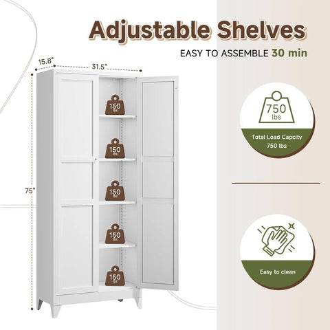 Badass Heavy Duty Metal Storage Cabinet With Two Doors And Four Expansive Shelves, Slick White Farmhouse Pantry Organizer For Kitchen, Garage Or Basement Area with adjustable shelves and load capacity.