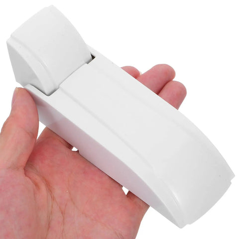 Rugged Universal Spring Assisted Freezer Door Hinge Replacement For Refrigerators And Chest Freezers featuring a sleek white design in hand.