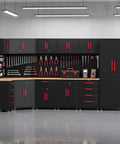 Game Changing Garage Cabinet Organization 17 Piece Workshop Storage Setup Corner Unit with rolling tool drawers and pegboard, black and red.