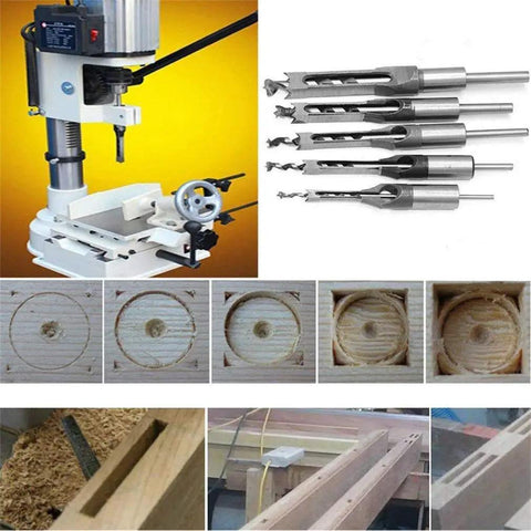 Pro Grade HSS Mortising Drill Bit Set For Woodworking, Square Hole Mortise Chisel Bits, six sizes from 1/4 to 5/8 inch shown with drill machine.