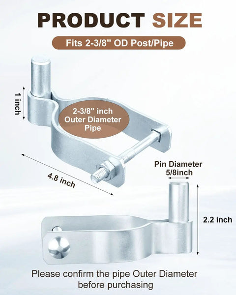 Four Pack Chain Link Fence Gate Male Hinges For 2-3/8 Inch OD Post Or Pipe With 5/8 Inch Pin Galvanized Steel Construction Rust Resistant Weatherproof Gate Hardware For Quick Easy Installation, size chart view