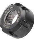 Rock Solid ER25 Dynamic Balancing Collet Nut Built Like A Tank With Heavy Duty Steel And A Tough Black Oxide Coating For Precision Lathe Chuck And Tool Setup, showing open-lock mechanism and threaded interior.