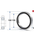 Premium P5 Precision Thin Section Ball Bearings Kit For High Speed Motors detailed dimensions showing 190mm outer diameter and 20mm width.