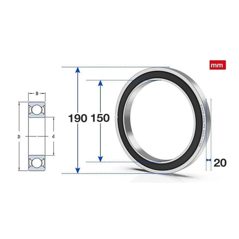 Premium P5 Precision Thin Section Ball Bearings Kit For High Speed Motors detailed dimensions showing 190mm outer diameter and 20mm width.