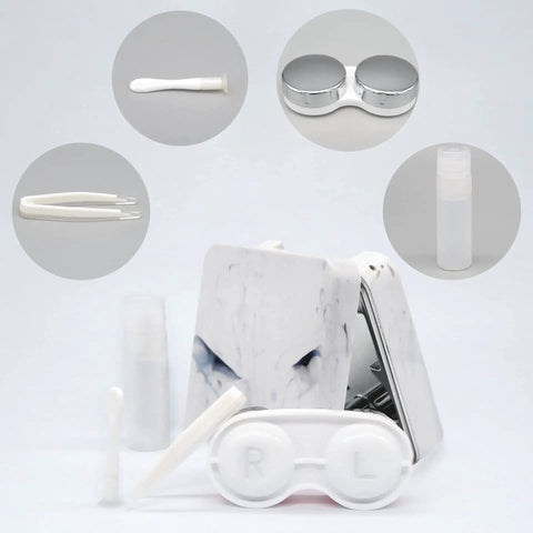 Portable Square Contact Lens Case Kit With Remover Tool And Applicator Mirror And Solution Bottle For Travel On The Go Daily Outdoor Use Cute Colored Lenses Silver, featuring components displayed