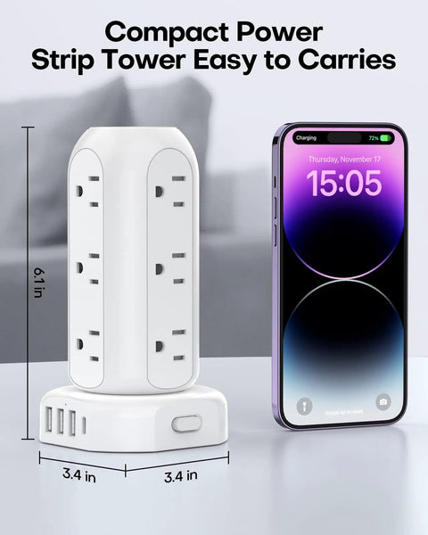 20W USB C PD Fast Charging Power Strip Tower 9.8 Ft Extension Cord 12 Outlets With 4 USB Ports Surge Protector, 6.1 x 3.4 in.