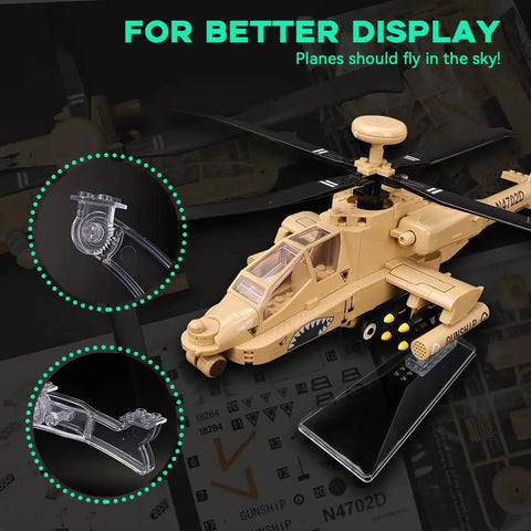 AH 64 Apache Military Helicopter Building Kit With Display Stand 183 Piece Model for adults, featuring detailed cockpit.