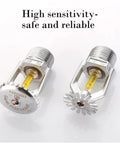 Five Pack Heavy Duty Fire Sprinkler Heads Dn15 Featuring 79 Degree Auto Trigger Rating For Top Shelf Commercial Fire Suppression Gear. Close-up of galvanized fire sprinkler heads with yellow glass bulb.