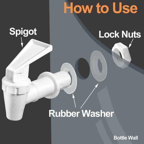 Pick Up Two White Replacement Cooler Faucets With Lock Nuts And Washers Easy Swap Water Dispenser Tap shown with spigot, rubber washer, and lock nuts.