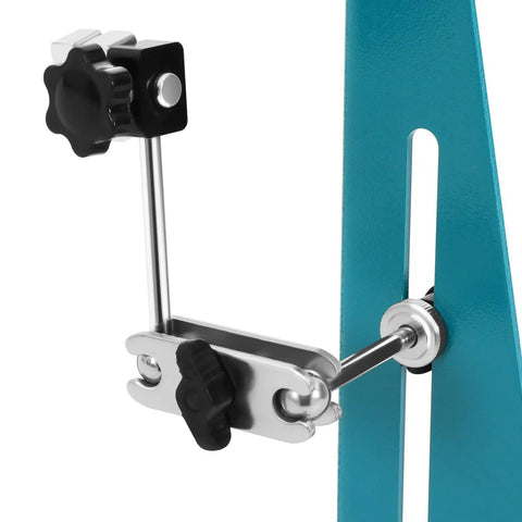 Close-up of Heavy Duty Wheel Truing Stand for Bicycle and Motorcycle, Pro Grade Adjustable Wheel Alignment Tool with brake caliper
