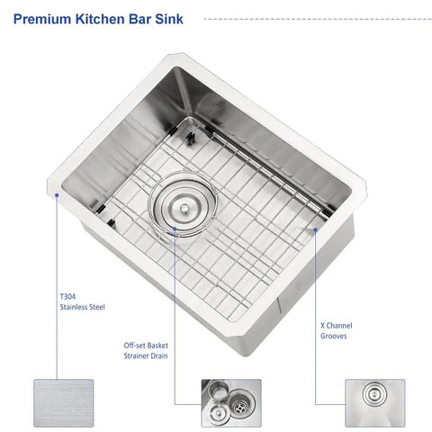 Top view of 12 Inch Bar Sink Undermount For Small Kitchens And RVs 16 Gauge Stainless Steel Single Bowl Wet Bar Sink With Bottom Grid.