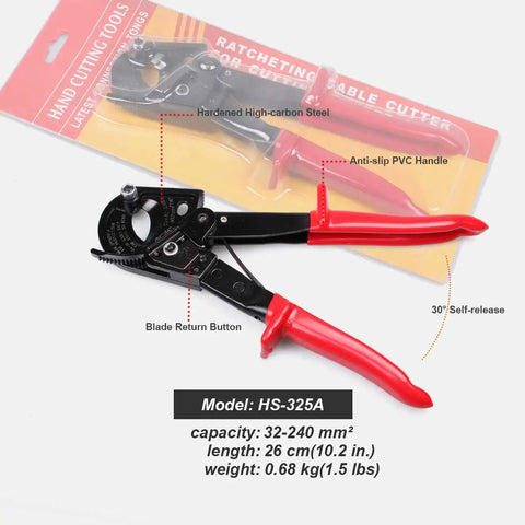 Heavy Duty Ratcheting Cable Cutter For Copper And Aluminum Wires Up To 240 Square Millimeters Clean No Crush Cuts Smooth Operation Pro Grade Hand Tool shown with high-carbon steel blades and PVC handle
