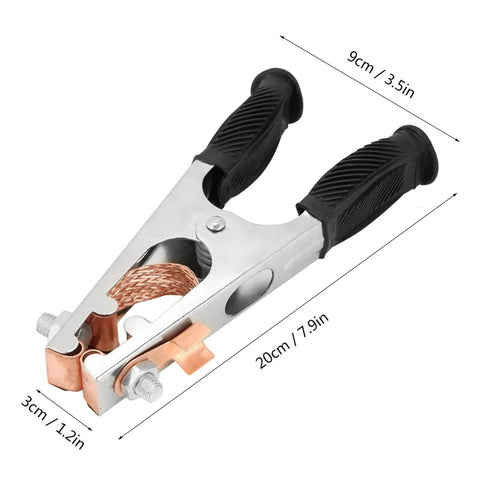 Heavy Duty 500 Amp Welding Ground Clamp with Braided Copper and Rubber Grip, Beefy Bite, 7.9 x 3.5 x 1.2 Inch, side view.