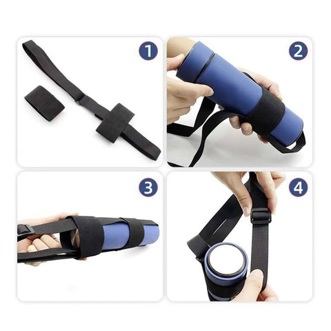 Step-by-step guide for using a black elastic strap to secure a cylindrical object.