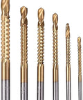 Heavy Duty Titanium Coated HSS Drill Bit Set 3-8mm with serrated bits for wood, drywall, plastic, and metal, six pieces.