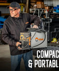 Man holding 140EZ 120V Wire Feed MIG Welder With Spool Gun For Aluminum, Flux Core And MIG, portable