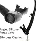Vapor Semi Dry Snorkel For Snorkeling Mask And Underwater Breathing Gear With Purge Valve showing angled silicone purge valve
