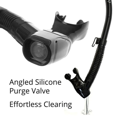 Vapor Semi Dry Snorkel For Snorkeling Mask And Underwater Breathing Gear With Purge Valve showing angled silicone purge valve
