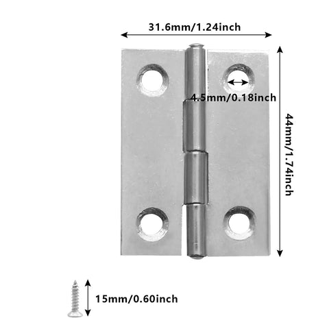 Six Pack 2 Inch Mini Butt Hinges Forged From Premium 304 Stainless Steel showing dimensions and screw detail, ideal for hobby repairs.