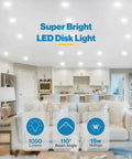 Living room with 6 Inch Flush Mount LED Disk Lights Recessed Can Lighting Dimmable 15W 75W Equivalent 1050 Lumen 5000K Daylight