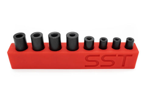 Tap Socket Wrench 8 Piece Adapter Set For Quick Threading And Ultra Secure Taps on red storage holder