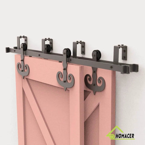 Rustic Black Double Track U Shape Bypass Sliding Barn Door Hardware Kit For Two Doors Four Feet Long Flat Track With Slick Mustache Roller Design Easy Install Durable Heavy Duty And Space Saving installed view