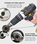 Portable Drill Powered Metal Cutter Attachment For Drills Plate And Sheet Metal Nibbler in use, cutting metal sheet, close-up view