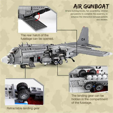 AC 130 Gunship Building Block Set 1713 Pieces WW2 Aircraft Model Kit with retractable landing gear and opening rear hatch