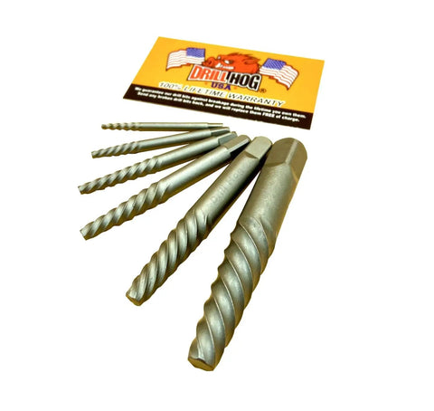 Six Piece Spiral Easy Out Screw Extractor Set for Removing Broken Bolts and Studs, heavy duty steel, sizes one through six shown