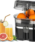 Top Rated Electric Citrus Juicer Machine With Powerful 100W Motor Making Fresh Orange And Lemon Juice Quick Cold Press Extractor For Home Kitchen Daily Smoothies And Cocktails Easy Clean Design with oranges inside.