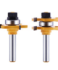 No Nonsense Tongue And Groove Router Bit Set With T Shape And 1/4 Inch Shank featuring two precision bits with steel shanks.