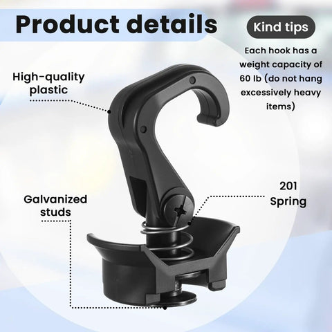 8 Pack L Track Hooks With Single Stud Fitting Spring Loaded 360 Degree Adjustable Gear Hook for Trailer Truck Garage Tie Down System Heavy Duty 60 Lbs Max Load Capacity, showing hook details and materials.