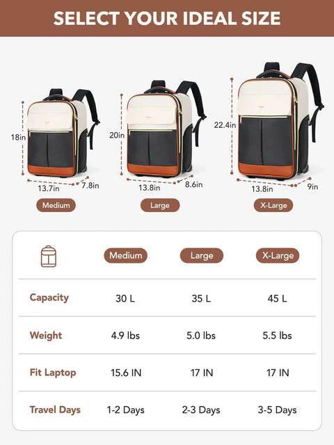 Tonyeee rolling backpack for women; beige carry-on luggage with wheels, shown in Medium, Large, and X-Large sizes.