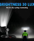 Electric Bike Front Light For Ebikes, 6V To 60V DC Compatible, 30 Lux Brightness, illuminating dark street, highlighting cyclist.