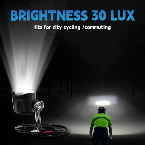 Electric Bike Front Light For Ebikes, 6V To 60V DC Compatible, 30 Lux Brightness, illuminating dark street, highlighting cyclist.